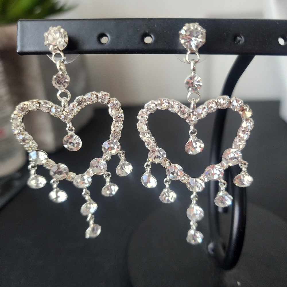 Silver Crystal Rhinestone Heart Dangle Earrings